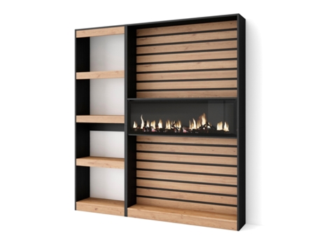 Librería estantería, 170x186x25cm, Salón - Comedor - Oficina, Chimenea eléctrica, Roble y negro