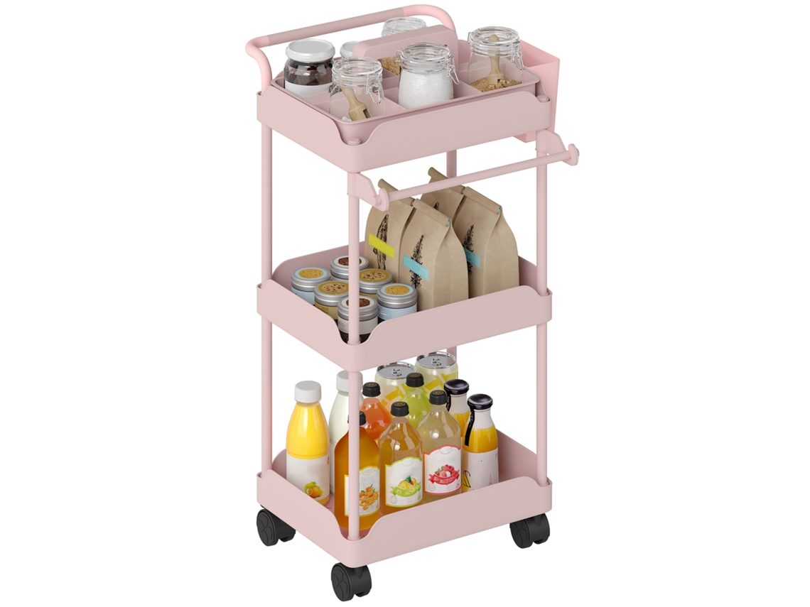 Carrito De Cocina De 3 Niveles, Cestas Extraíbles Y Toallero, Color Rosa.
