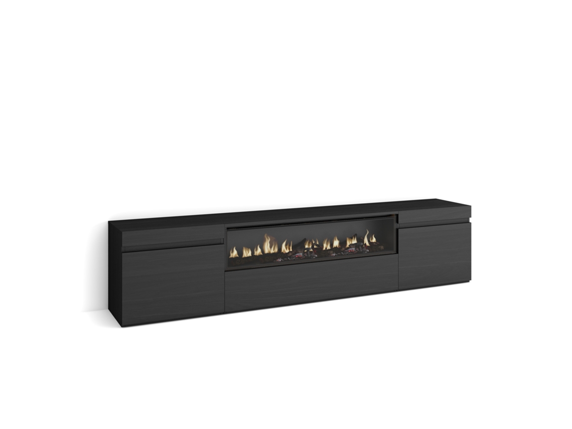 Mueble Tv, Televisión, 200x35x45cm, Para Tv Hasta 80", Chimenea Eléctrica, Negro