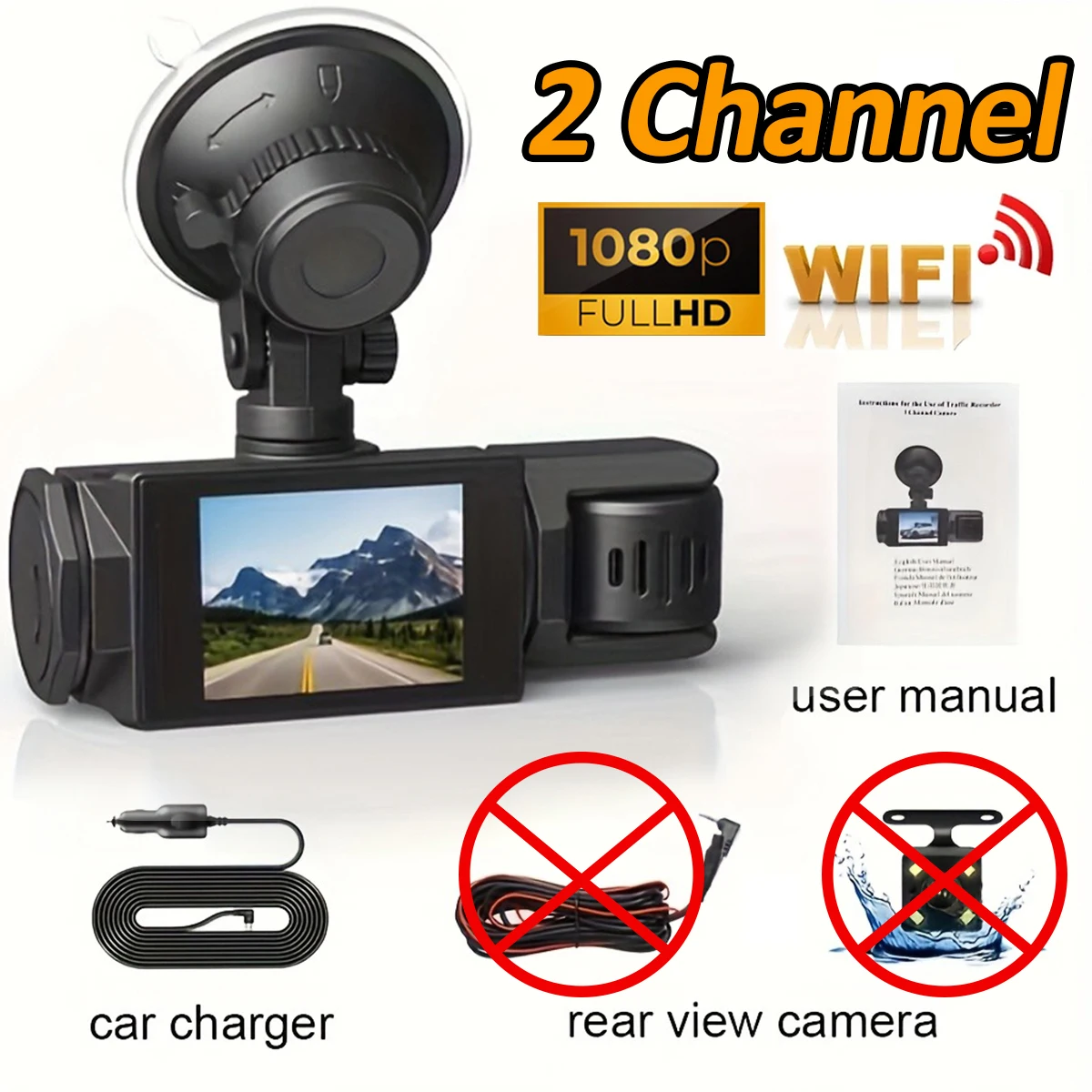 Cámara para coche (sin tarjeta SD, 2 canales), compatible con Wi-Fi, visión nocturna HD 1080p