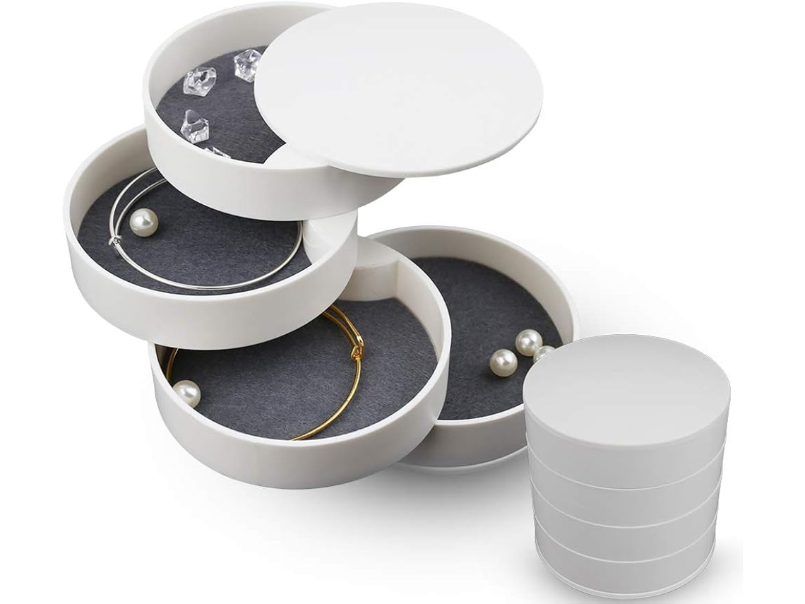 Elegante organizador de joyas giratorio, almacenamiento compacto de 4 niveles, diseño compacto, ideal para pulseras, collares, anillos y aretes.