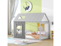 Cama Infantil, Estilo Casita, 90x200 Mm, Ventana De Techo Doble, Gris, Dormitorio Moderno.