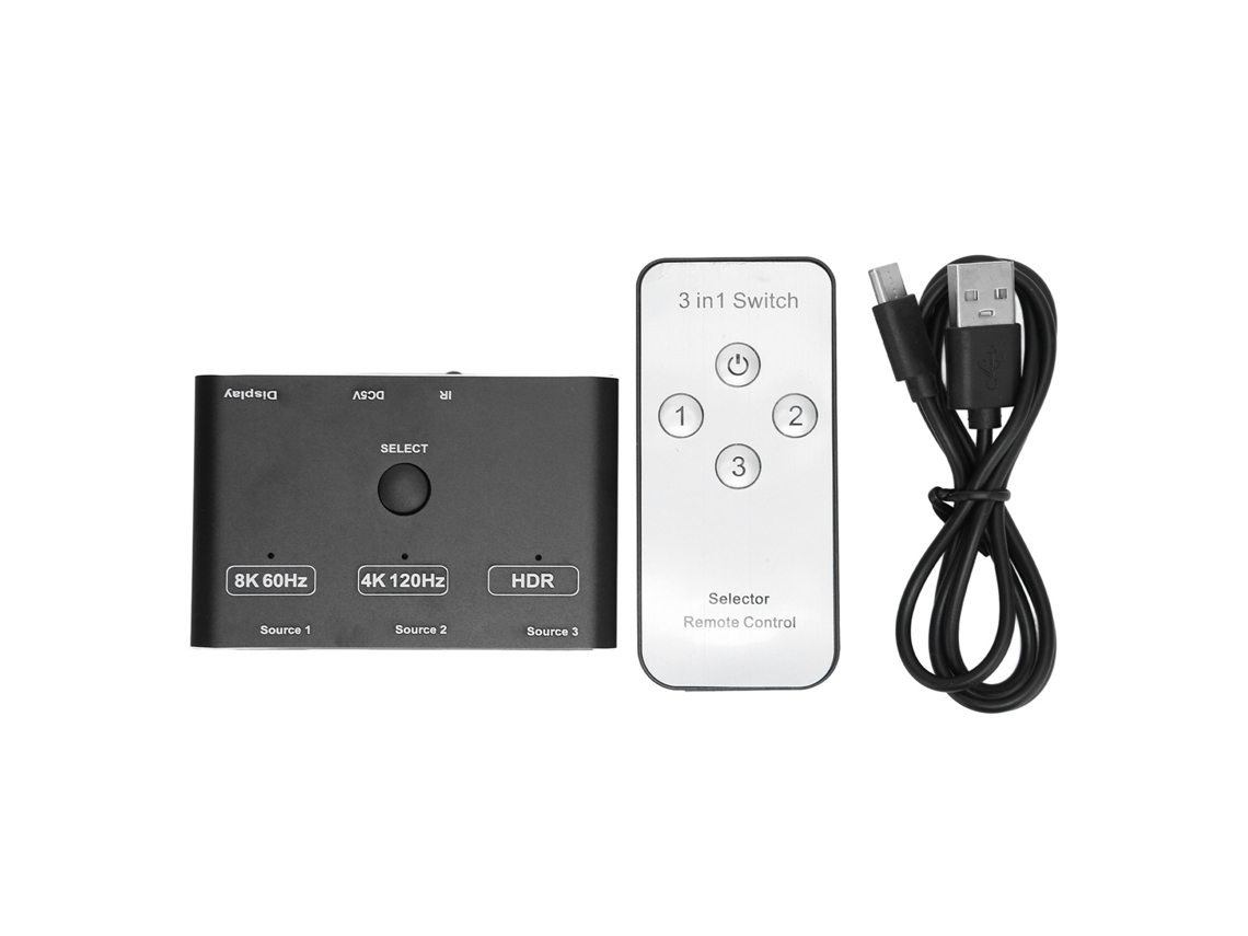 Comutador Splitter Hd Multimedia Interface 2.1 3 Em 1 Out 8k Hdr Com Controle Remoto Direcional