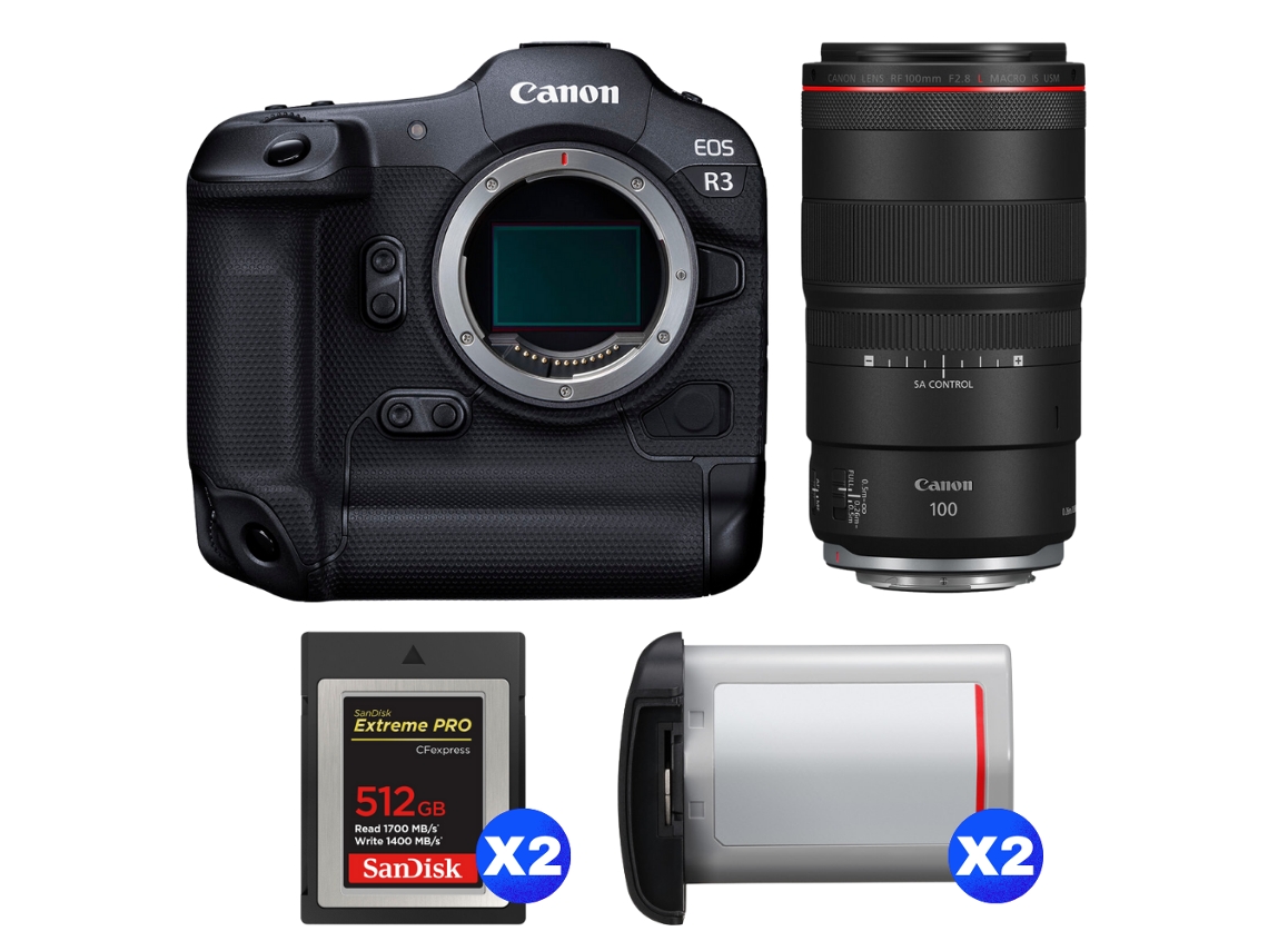 Canon Eos R3 + Rf 100mm F/2.8 L Macro Is Usm + 2 Sandisk 512gb Extreme Pro Cfexpress Type B + 2 Canon Lp-e19 + Ebook Pricedirect