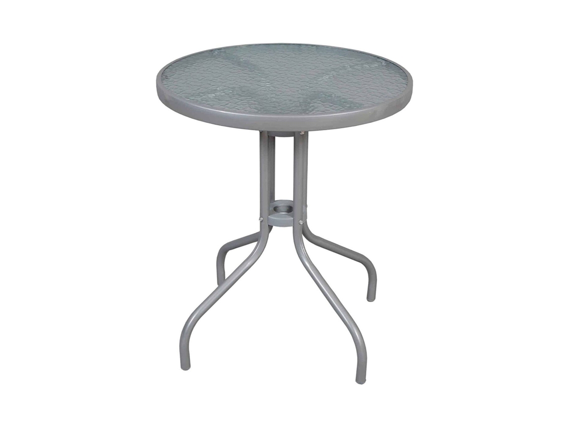 Mesa De Cristal Redonda Con Base Metálica | Ideal Para Terraza, Jardín O Balcón | 60x70cm Gris