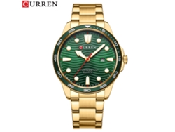 Reloj De Cuarzo Impermeable (dorado Y Verde) Con Correa De Acero Inoxidable, Reloj De Negocios Para Hombre Con Fecha Y Diseño Ondulado.