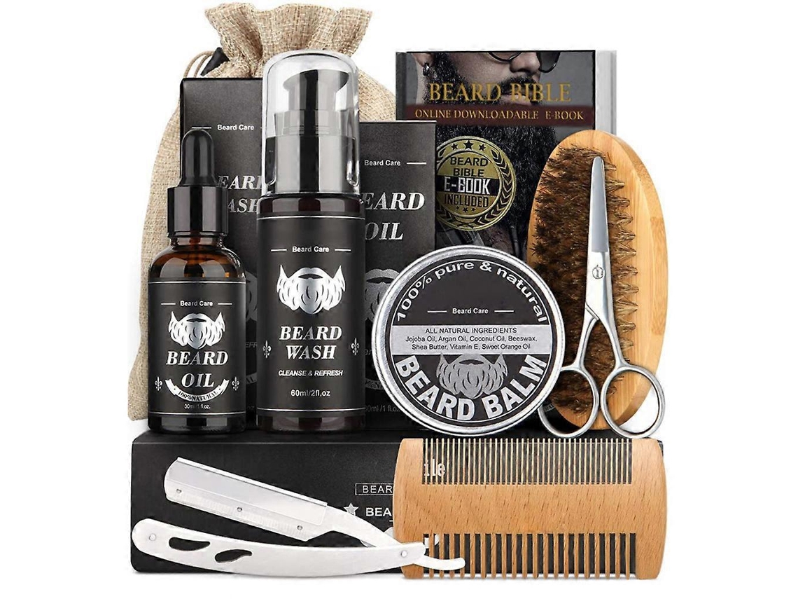 Kit de cuidado de barba para hombres. Incluye cepillo, peine, bálsamo, aceite y tijeras. Tienda Jinyubo.