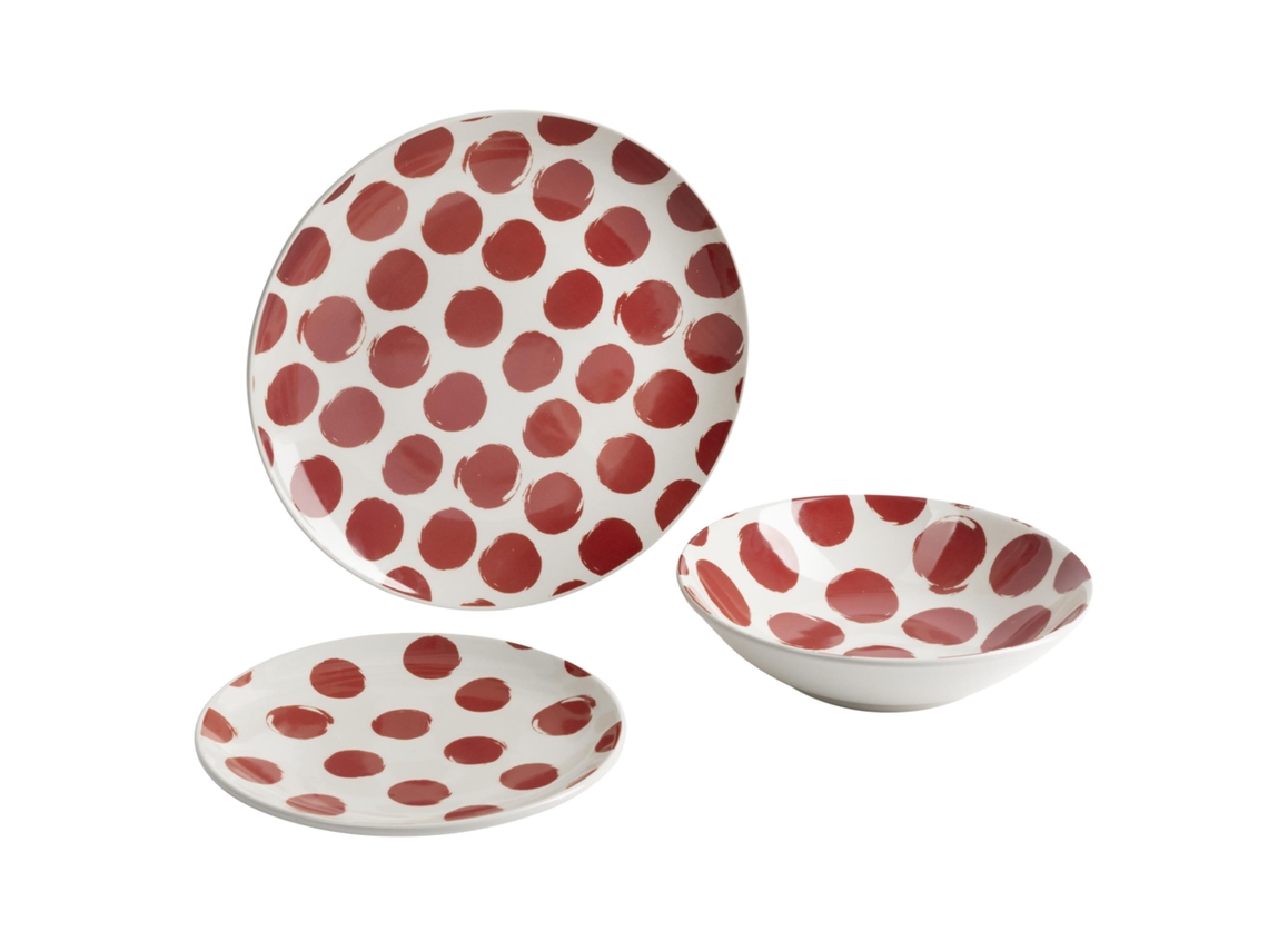 Vajilla de cerámica de 12 piezas La Maison con estampado de lunares rojos.