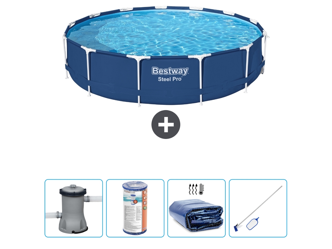 Piscina BESTWAY Round Steel Pro - 396 x 84 cm - Azul - Bomba incluida Filtrar - Vela solar - kit de limpieza