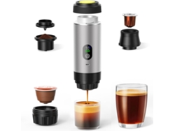 Cafetera portátil 3 en 1 GERTIZ con pantalla digital para café molido y cápsulas (plateada)
