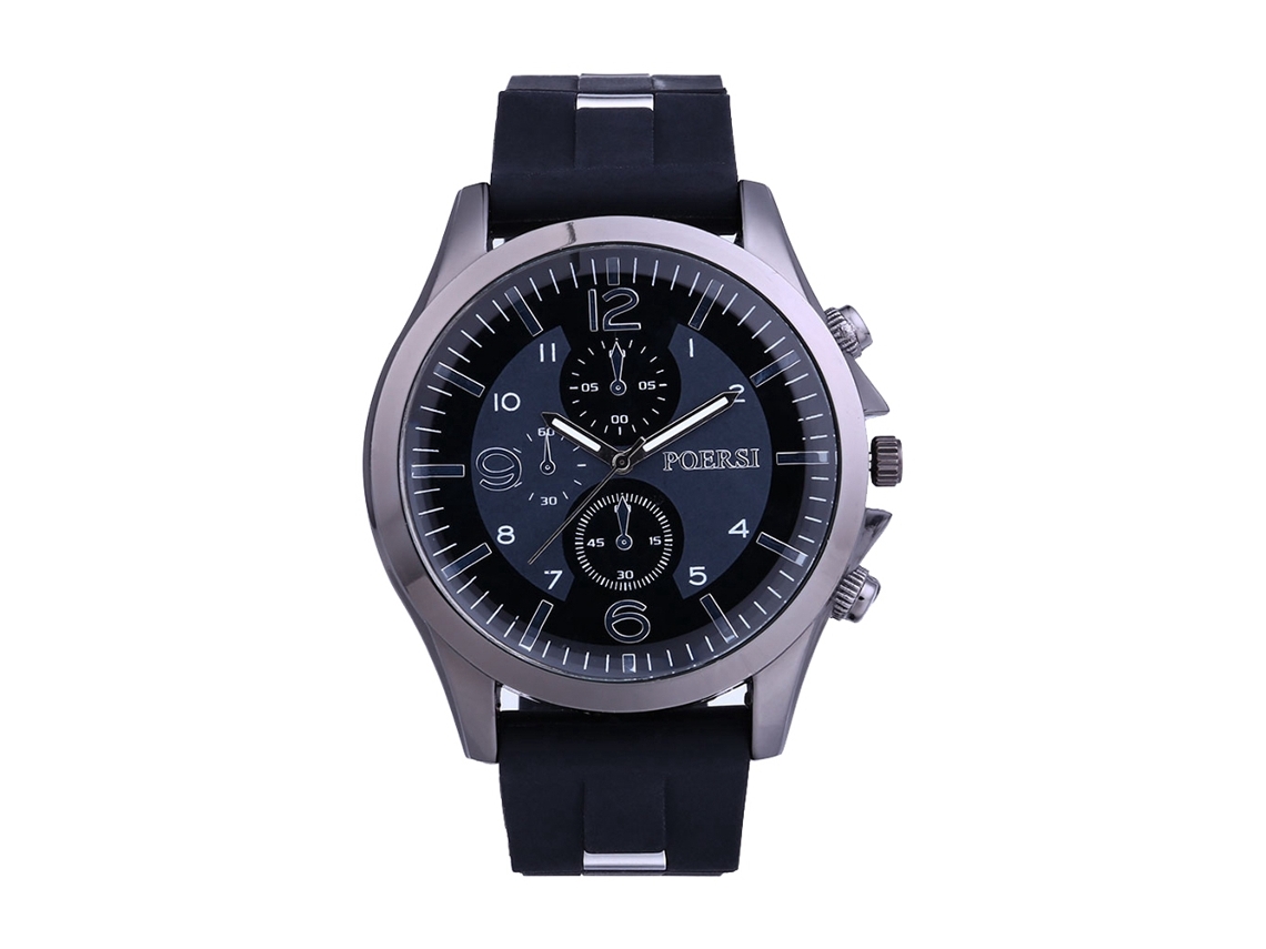 Reloj De Pulsera Casual Para Hombre Con Esfera Redonda, Tres Subesferas Y Correa De Silicona Negra.