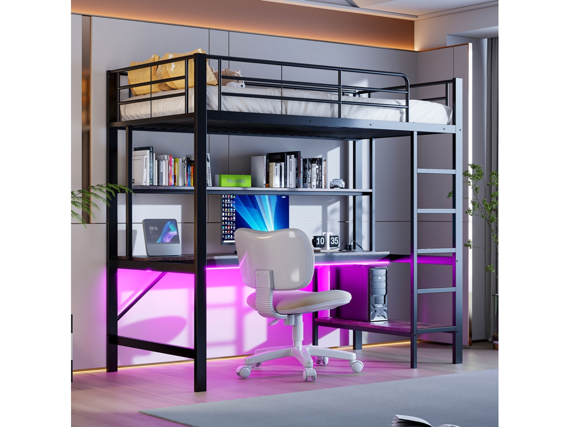 Cama alta de 90*200 cm, con barandilla de seguridad, modelo escalera, puerto USB y toma de corriente, con luces LED, sin colchón, estructura de metal.