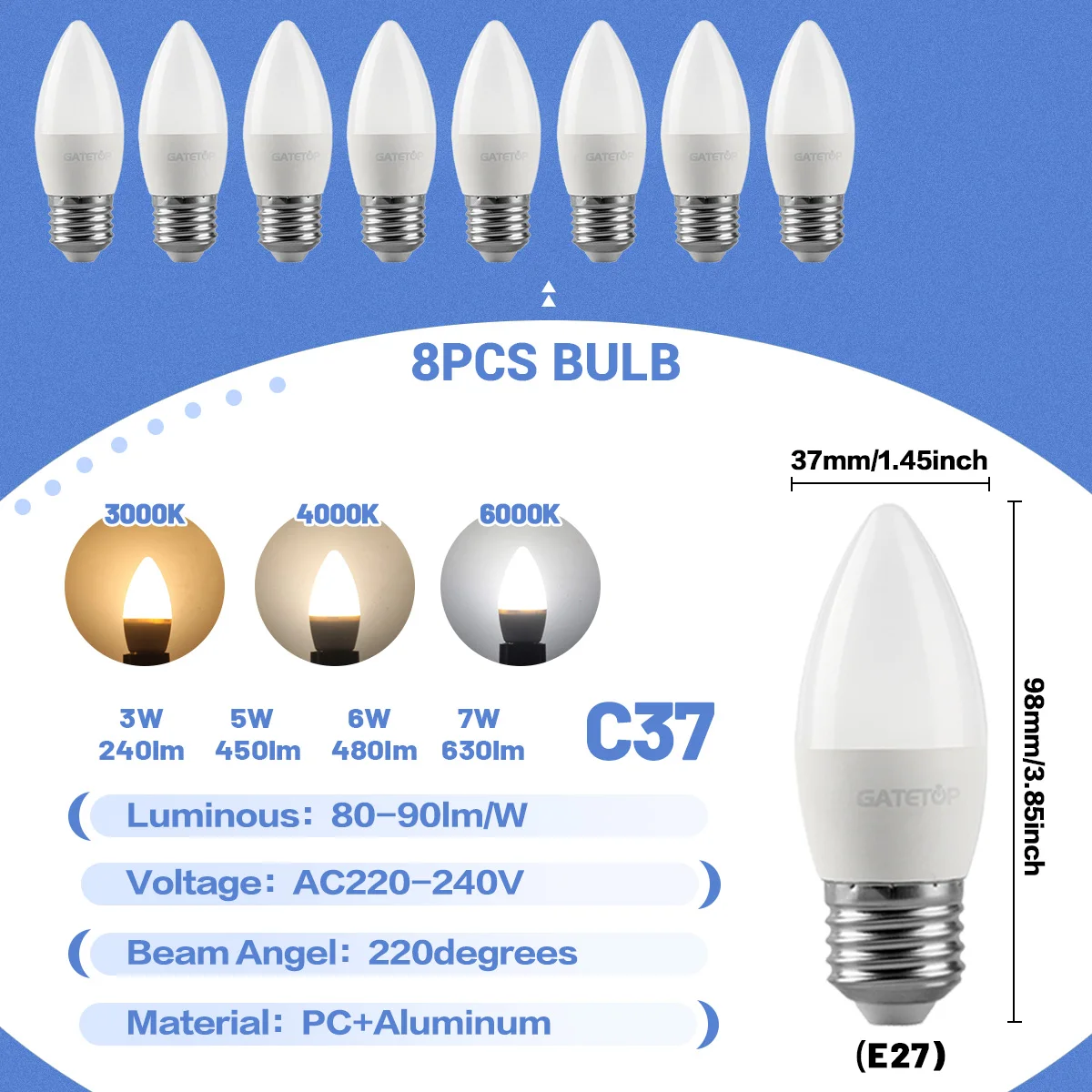 (8 Bombillas Led Tipo Vela, Luz Blanca Fría De 6000k) Casquillo E27, Apto Para Iluminación Doméstica.