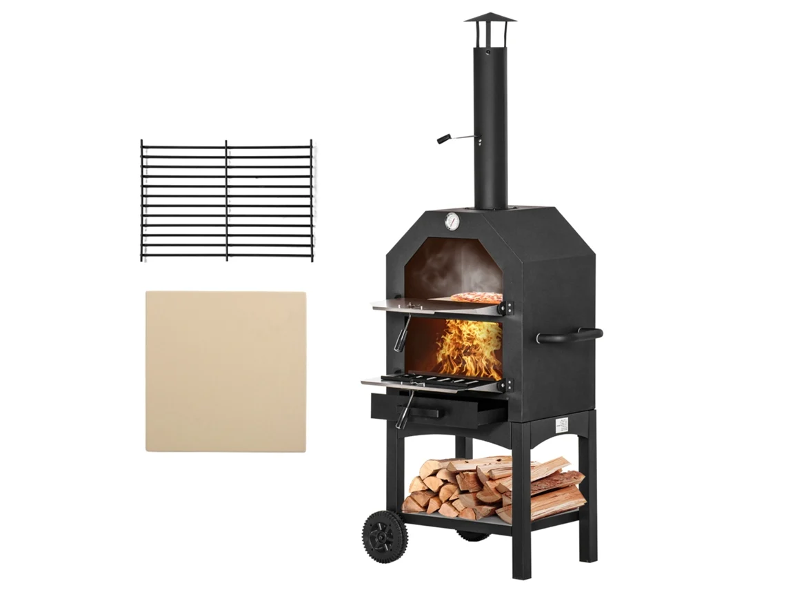 Forno De Pizza Exterior Com 2 Camadas Forno A Lenha Com Rodas Gaveta Removível Prateleira Para Jardim 64x54x160 Cm Preto