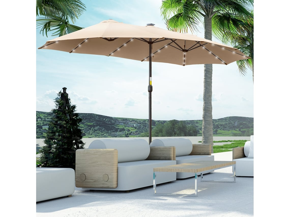 Guarda-sol Duplo 450x265x240 Cm Com 48 Luzes Led, Manivela, Proteção Solar Para Terraço, Varanda, Piscina, Cáqui.