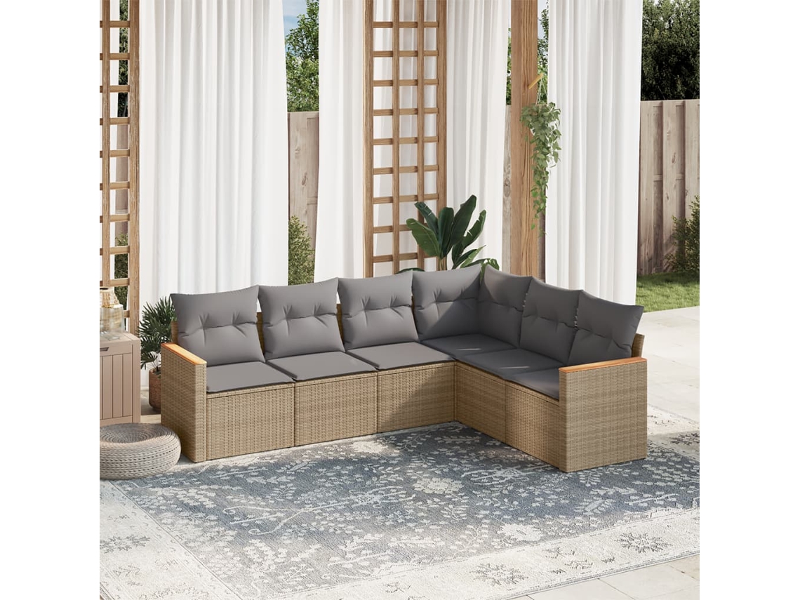 Conjunto de sofá de jardín de 6 piezas con cojines, mimbre sintético beige, Dkd Home Decor