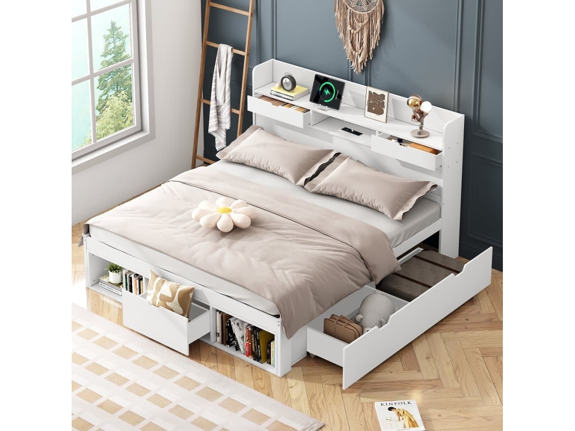 Cama Doble 140x190 - Multifuncional Con Usb, Cajones Y Armario, Gran Almacenamiento - Blanco