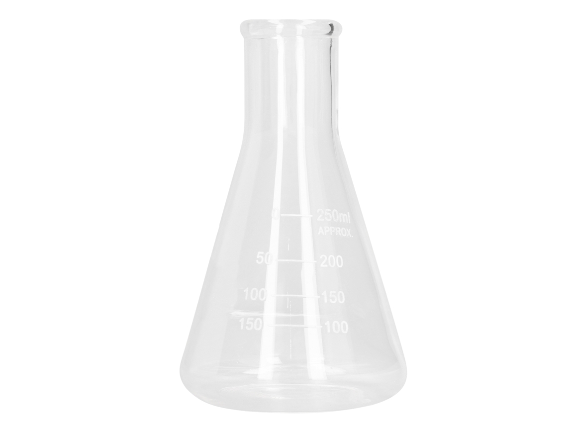 Matraz Erlenmeyer de boca ancha, vidrio de borosilicato, 250 ml, para laboratorio.