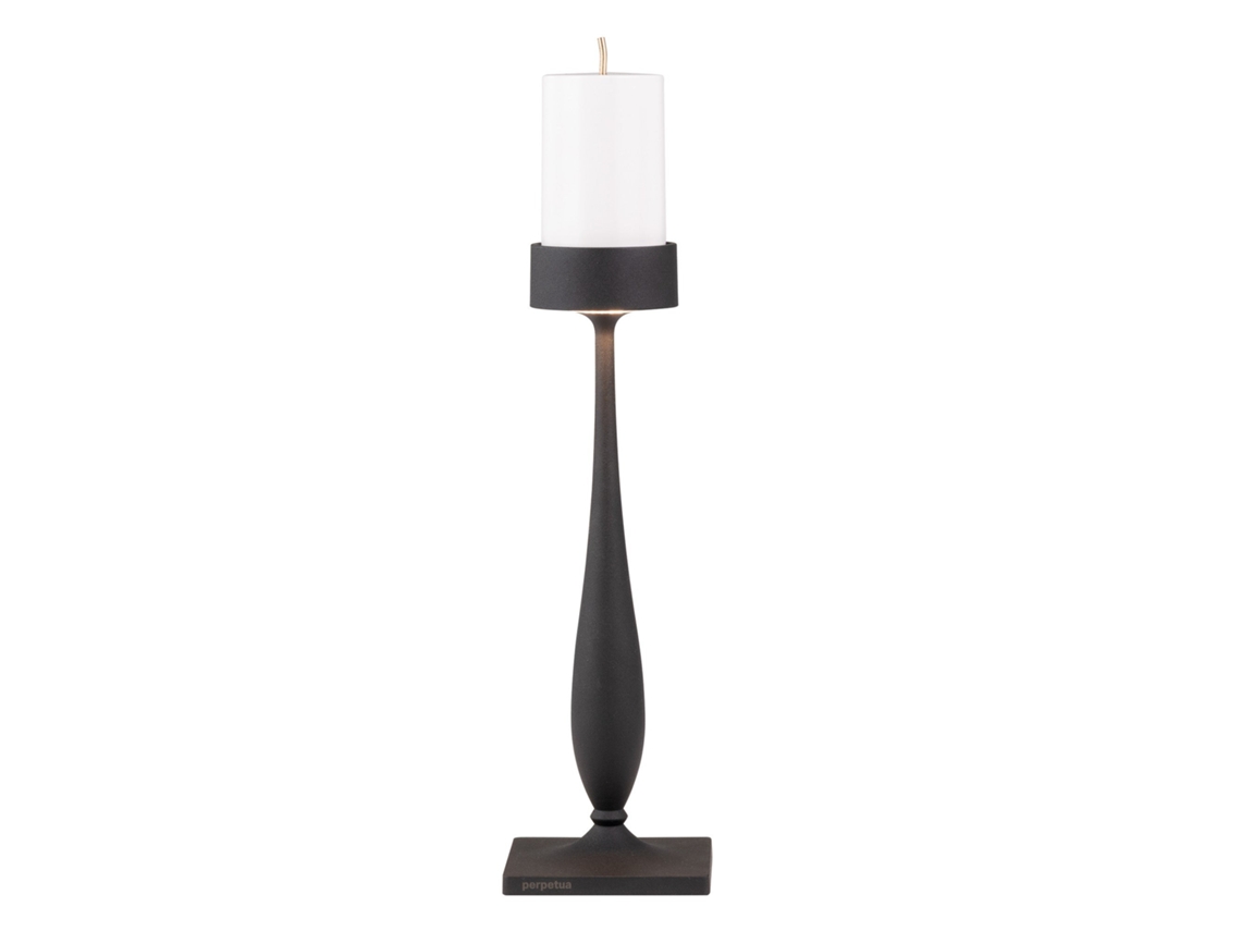 Lámpara de mesa inalámbrica Perpetua de estilo barroco, fabricada en aluminio fundido con acabado negro, módulo LED con batería reemplazable y regulador táctil integrado.