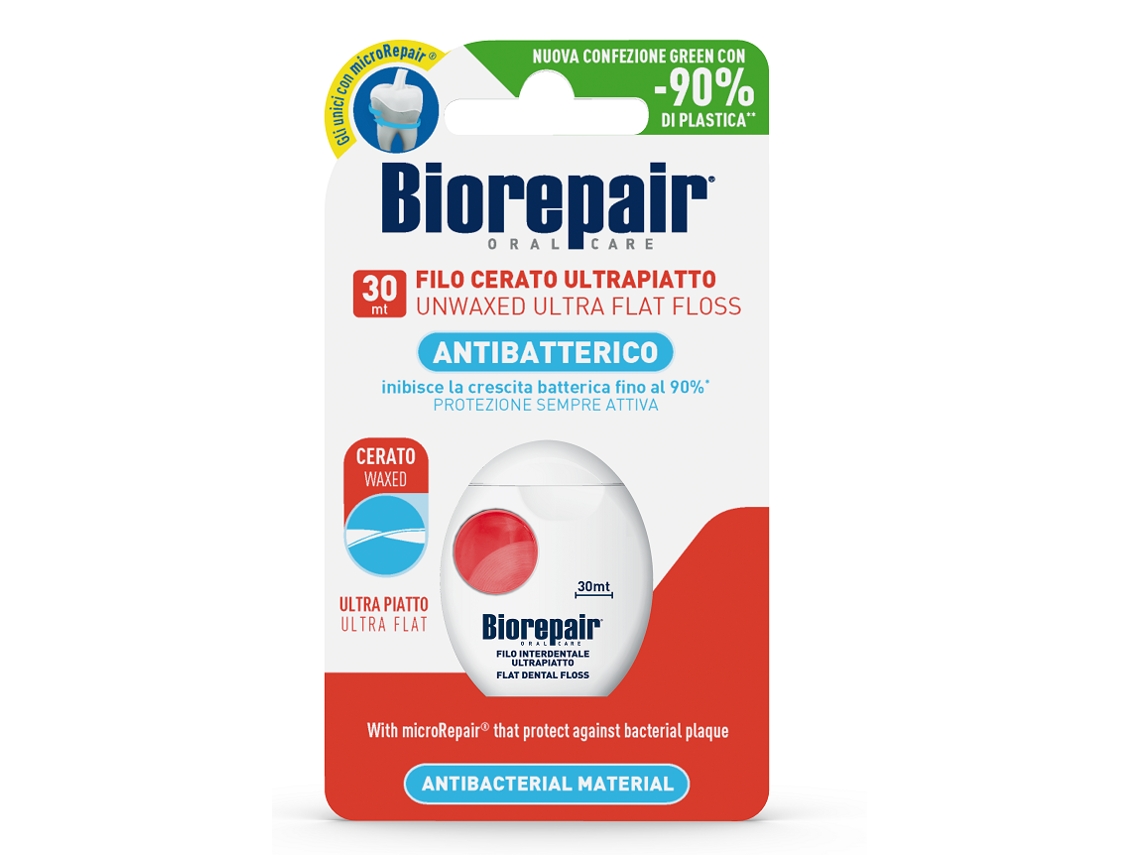 Hilo dental antibacteriano ultrafino sin cera Biorepair para el cuidado bucal, ideal para dientes sensibles, 25+5 metros.