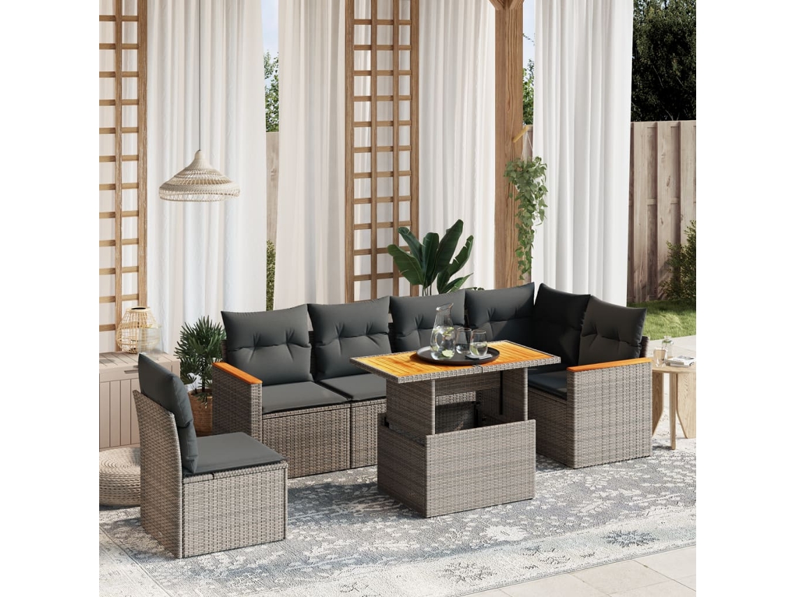 Conjunto de sofá de jardín de 7 piezas con cojines, mimbre gris, DKD Home Decor