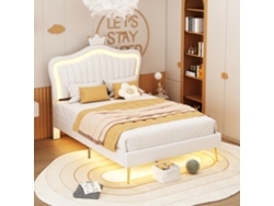 Cama Tapizada Infantil 90x200 Cm En Cuero Pu Blanco Con Corona Y Luces Led, Estructura De Listones Para Niñas Sin Colchón