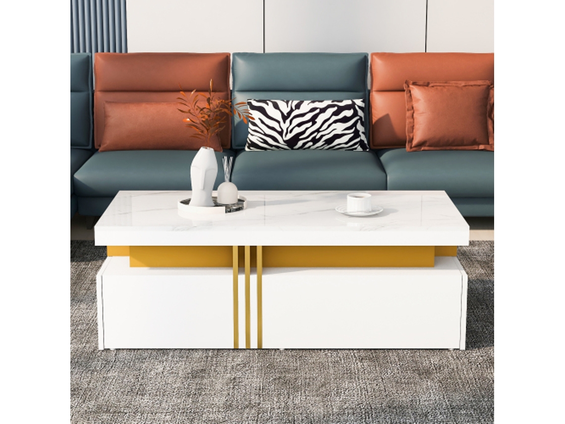 Moderna mesa de centro rectangular con tablero de mármol texturizado. Dimensiones: 100 x 50 x 40 cm