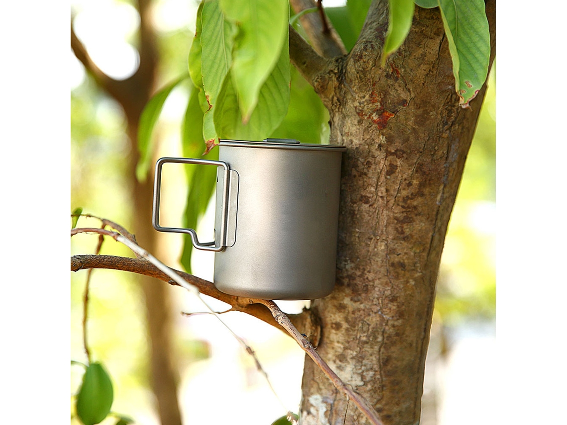 Vaso de titanio de 450 ml con asa plegable y tapa para camping