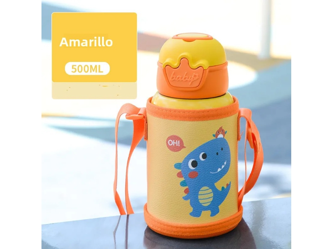 Botella termo infantil de acero inoxidable de 500 ml con diseño de unicornio, aislada y portátil MDUG (amarilla)