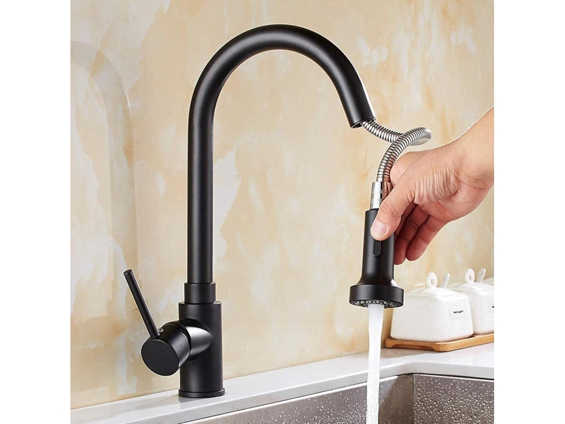 Robinet De Cuisine Noir Extraíble Convertible 2 Voies Sortie D'eau Mitigeur Rotatif