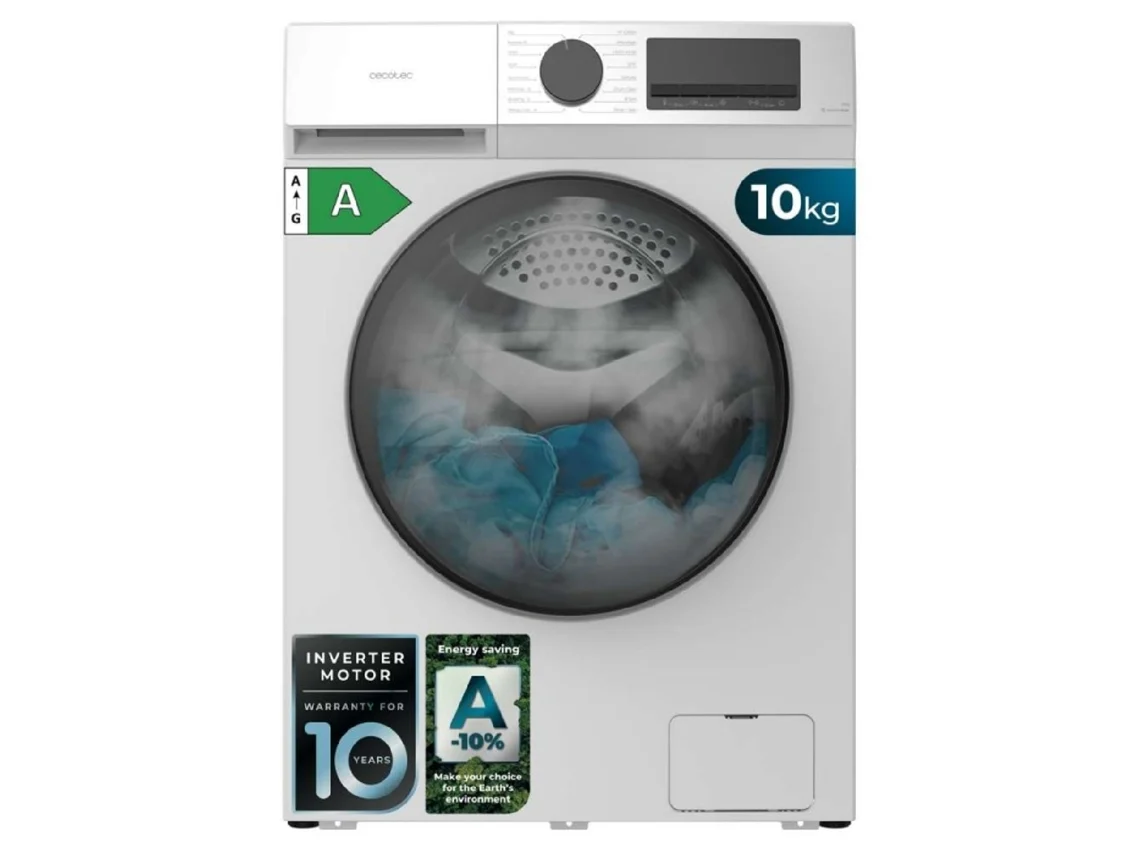 Lavadora Cecotec Bolero Dresscode 10450 Inverter, blanca, capacidad de 10 kg, 1400 rpm, 16 programas, clase energética A-10%.