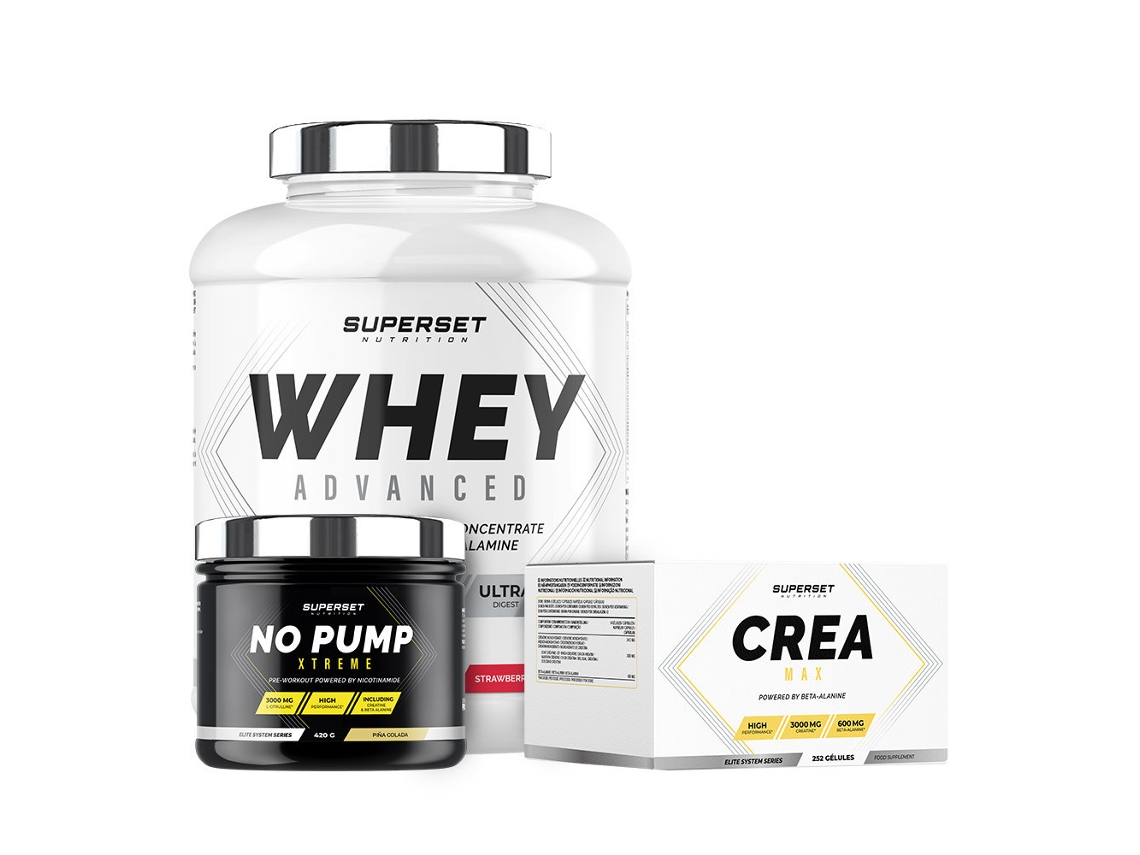 Programa de aumento de masa muscular en seco confirmado 100 Whey Protein Advanced 2 kg Yogur de fresa en Pump Xtreme Créa Superset Nutrition