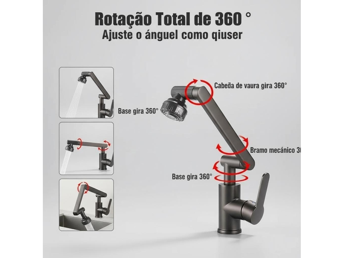 Grifo de baño inteligente con rotación de 360° y cuerpo de latón refinado.