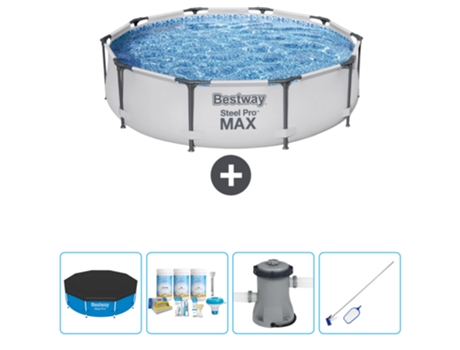 Piscina BESTWAY Round Steel Pro MAX - 305 x 76 cm - Gris - Incluida Cubrir - Paquete de mantenimiento - Bomba - kit de limpieza