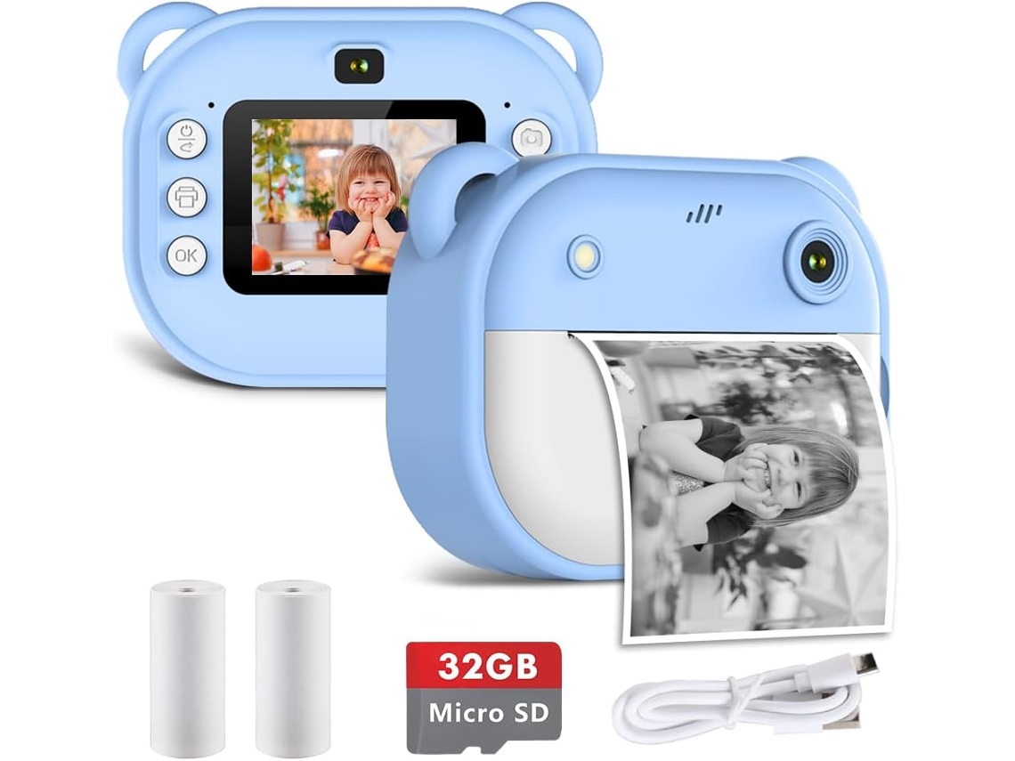 Cámara de impresión instantánea para niños, cámara digital con tarjeta de 32 GB, vídeo HD 1080p, impresión térmica HD (azul)