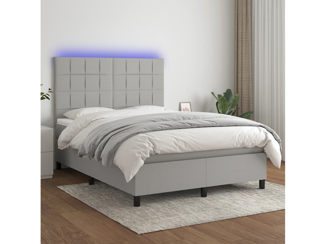 Cama Box Spring Colchón Y Luces Led Tela Gris Claro 140x190 Cm