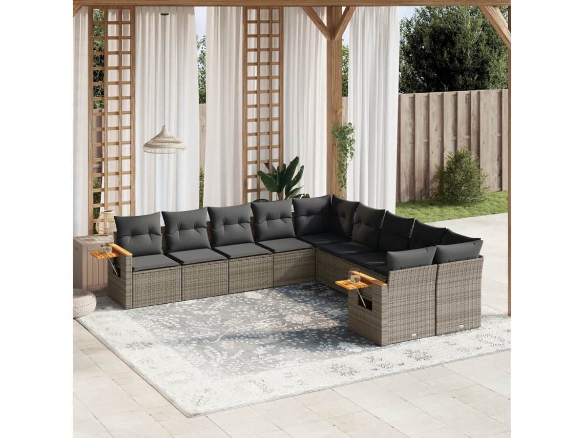 Conjunto de sofá de jardín de 10 piezas con cojines, ratán gris, DKD Home Decor