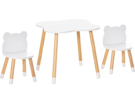 Conjunto Infantil Homcom 312043 blanco mdf 56x56x50 cm de mesa y 2 sillas madera muebles para sala juegos 28x25x46