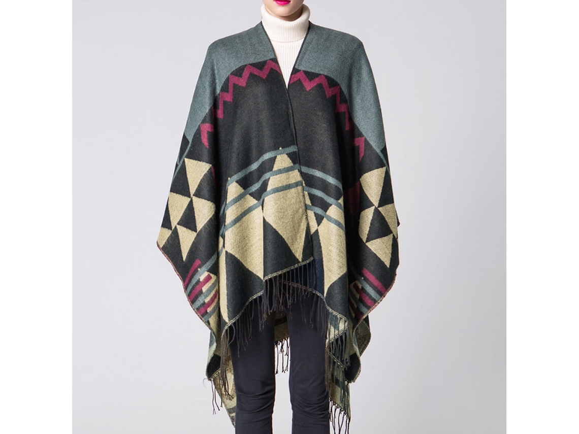 Poncho/chal De Mujer De Imitación De Cachemir Con Estampado Geométrico Y Flecos, Talla Grande, Ideal Para El Invierno.