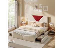 Cama Doble Moderna De 160 X 200 Cm, Tapizada Con 4 Cajones, Somier De Láminas, Tela De Terciopelo, Color Beige, Colchón No Incluido