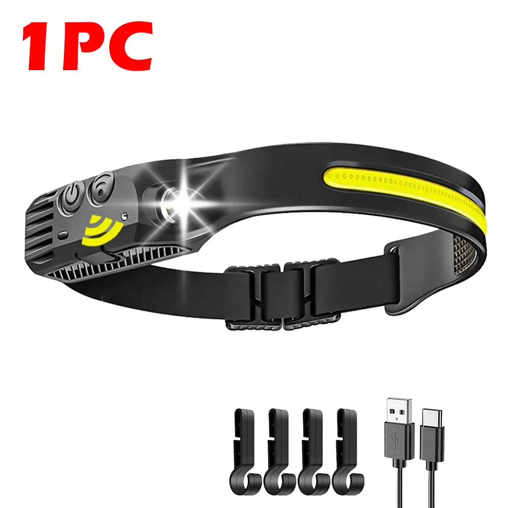 Linterna frontal LED COB con sensor, 5 modos, batería interna, recargable por USB, ideal para uso nocturno en exteriores. Aeuzwr
