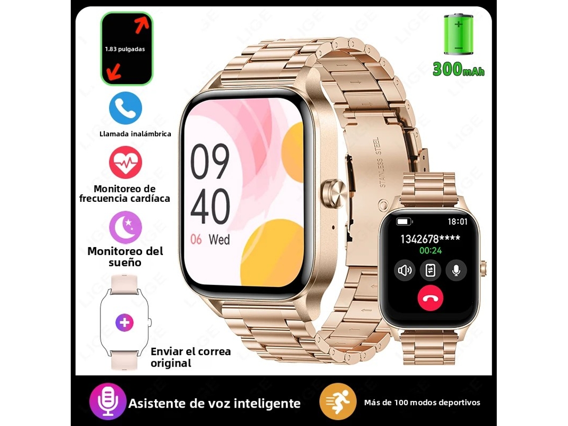 Smartwatch con pantalla HD de 1,85 pulgadas, esferas de reloj personalizables y monitorización de salud.