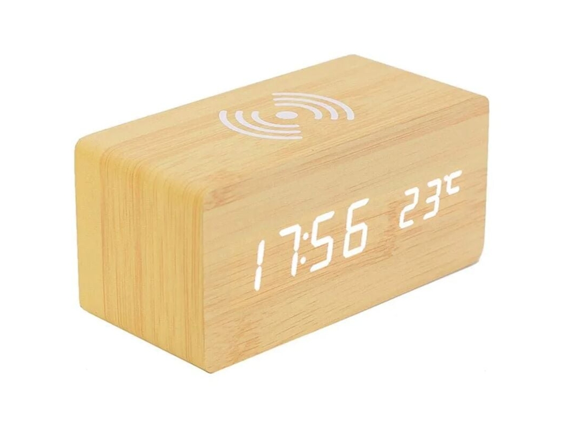 Elegante reloj digital de madera, pantalla LED multifuncional con brillo ajustable y alarma dual para dormitorio, hotel y oficina.