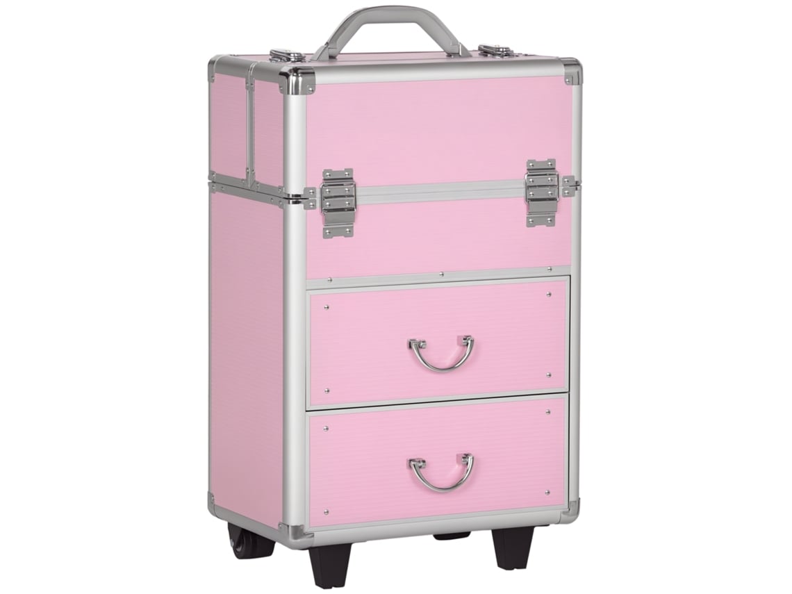 Estojo Maquiagem Profissional 6 Gavetas Extensíveis Fechadura Chave 36x23x58cm Rosa