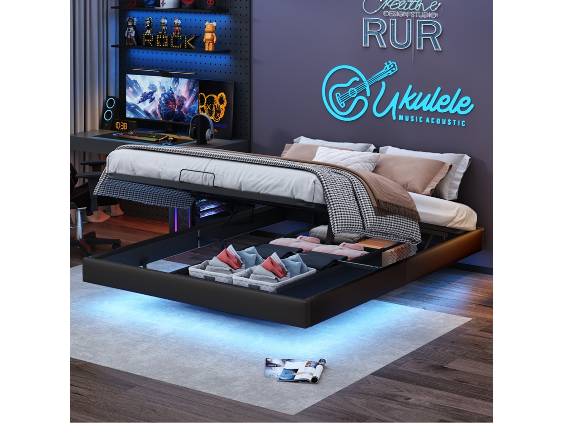 Cama Colgante Rosahqnda,cama Doble De 160x200cm Con Tapizado Led,espacio De Almacenamiento,cama Juvenil,cama De Invitados Sin Cabecero Pu,color Negro