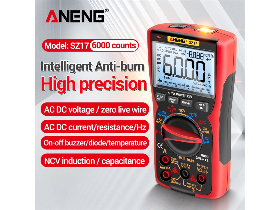 Multímetro Digital Inteligente Aneng Sz17 De 6000 Cuentas True Rms Con Linterna Y Prueba Ncv - Tipo Premium/azul/rojo