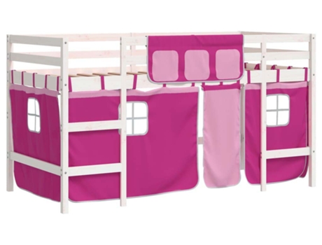 Cama alta para niños VIDAXL con cortinas madera pino rosa (80x200 cm)