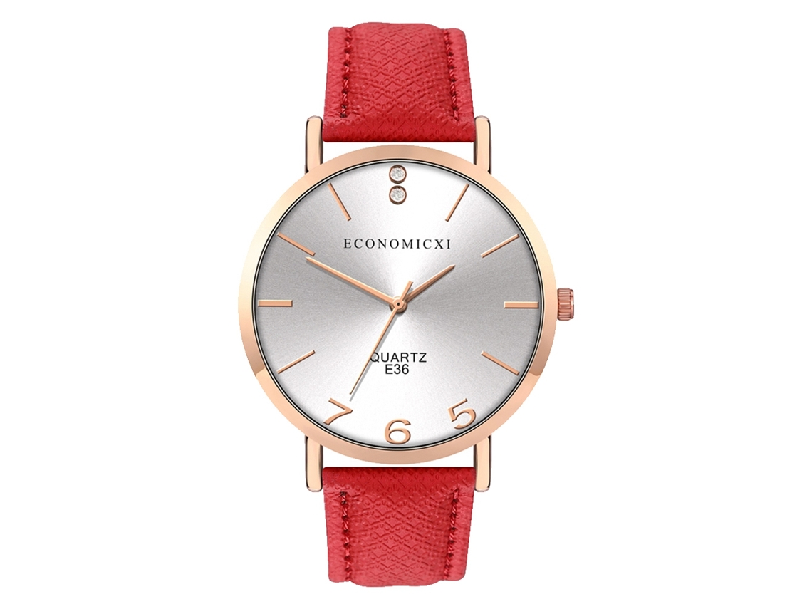 Reloj De Pulsera Unisex De Cuarzo Con Correa De Pu, Esfera Redonda, Estilo Casual (rojo)