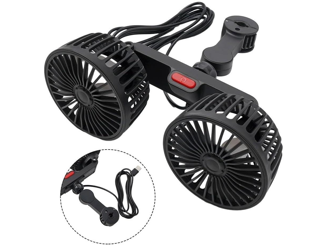 Mini ventilador recargable para coche mediante USB con dos cabezales - Diseño giratorio - Proporciona la máxima comodidad a su coche.