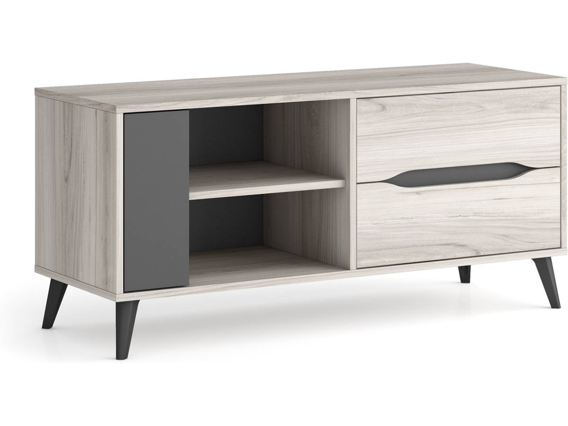Mueble Tv 110, 2 Cajones + 1 Puerta, Modelo Kai, Color Roble Y Gris, 113x40x52cm
